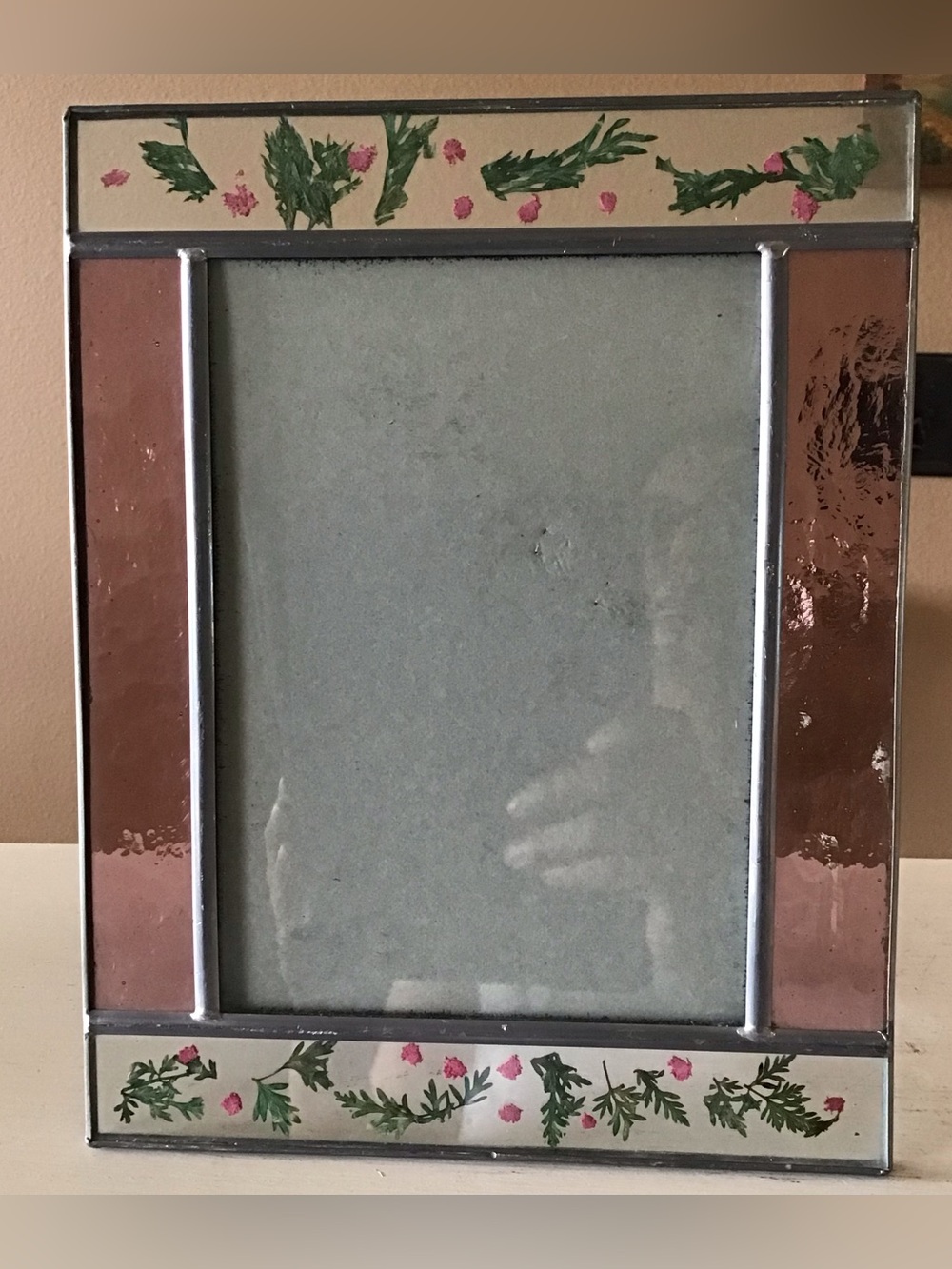 Vintage Leaded Stained Glass Pressed Wildflowers Pictured Frame